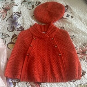 Janie and Jack Orange/Red Knit Sweater Cape and Beret Set
